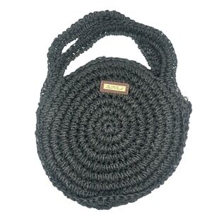 Sun N' Sand Gray Woven Round Straw Tote Bag Boho Beach Purse